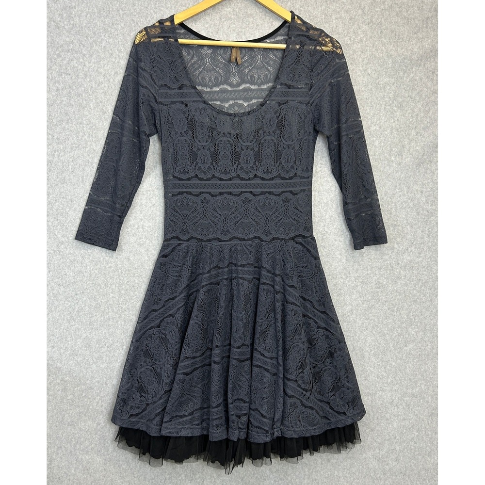 Stetson Size Small Lace Fit and Flare Dress Charcoal Gray Tulle Hem Western Boho